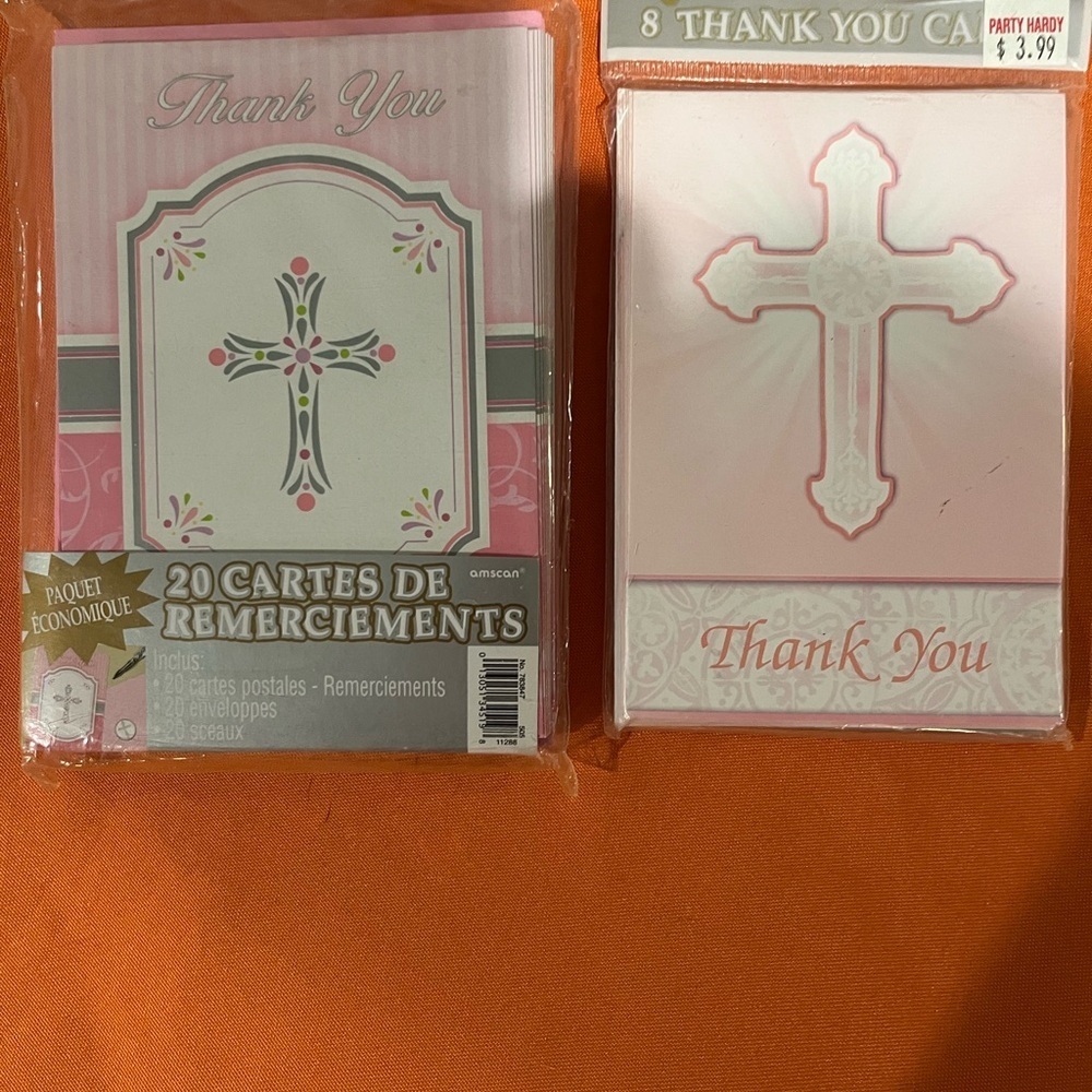 6/$25 Pink and White Thank You Cards with Cross Design